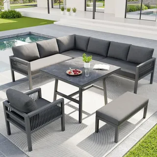 Flieks Gartenlounge-Set 6-tlg. aus verzinkter Stahlrahmen, Gartenmöbelset 8-9 Personen, Glastisch mit Marmoroptik, Terassenmöbelset Seil, Grau - Grau
