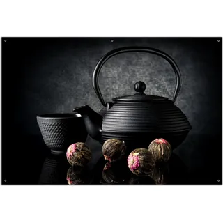 Wallario Outdoor-Poster für Garten oder Balkon, Motiv Japanisches Tee-Set, in ca. 61 x 91,50 cm - Schwarz