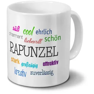 Tasse mit Namen Rapunzel - Motiv Positive Eigenschaften - Namenstasse, Kaffeebecher, Mug, Becher, Kaffeetasse - Farbe Weiß