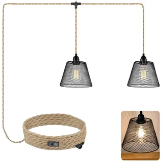 2 Flammig Hanfseil Lampe mit Stecker E27 Pendelleuchte mit 600cm Kabel und Schwarz Metall Käfig Lampenschirm Ø 20 cm, Vintage Plug in Hängeleuchte Hängelampe Pendellampe Kit für Küche Wohnzimmer
