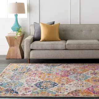 Surya Sicily Vintage Teppich groß - Teppich Wohnzimmer 200x274 cm, Esszimmer, Schlafzimmer - Orientalischer Teppich Boho Style - Carpet Living Room, Bunter Muster, Senfgelb, Orange, Weinrot und Blau