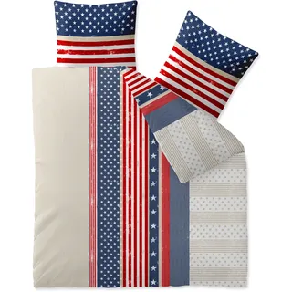 CelinaTex Fashion Bettwäsche 200x200 cm 3teilig Baumwolle, Bettgarnitur für Sommer und Winter, Ganzjährig, Bettbezug, Bettenset, Schöner Wohnen America Sterne Streifen Weiß Blau Rot