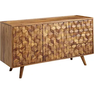 FineBuy Massivholz Sideboard 140cm Sheesham Natur Kommode mit 2 Türen & 3 Schubladen Retro Design