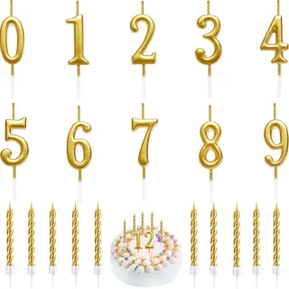 Geburtstagskerzen Zahlen 0-9, 20 Stück Gold Glitzer Birthday Candles | 10 Stück Kerzen Kuchen Spirale mit Halter, Kerzen Torte Dekoration für Geburtstag Hochzeit Party
