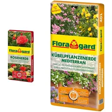 Floragard Rosenerde 40 Liter - torfreduzierte Spezialerde mit Ton für Rosen im Garten und im Kübel & Kübelpflanzenerde mediterran 40 L - Spezialerde für große Kübel Zitruspflanzen