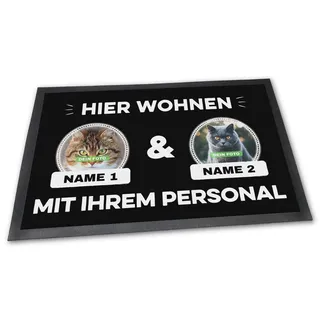 PfotenSchild Fußmatte mit Zwei Katzen - Hier Wohnen - Personalisiert mit WUNSCHFOTOS und Wunschnamen Katzenbesitzer - 75 x 50 cm