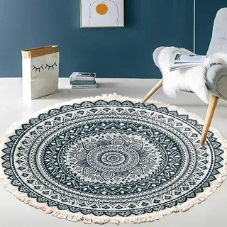Vintage Boho Baumwolle Teppiche Mandala Muster Waschbar Handgewebte Böhmische Runder Teppich mit Quasten für Schlafzimmer Flur Wohnzimmer Couchtisch Fußmatten,Waschmaschinenfest,120CM Blumen #1