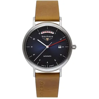 Bauhaus Herrenuhr Automatik mit Lederband Groß-Tag-Anzeige Blau/Braun 2162-3