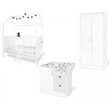Babyzimmer Möbel Set Kinderzimmer 'Hilda & Viktoria', mit Hausbett, Wickelkommode und Schrank, weiß