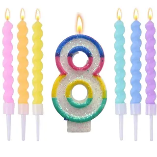 Wxinsheng Geburtstag Zahl Kerzen 8, Regenbogen Geburtstagskerzen Zahlenkuchen Kerzen mit 6 Verlängerungsstäben,Party Dekorationen für Kinder,Jungen Mädchen,Geburtstagsdeko,Party
