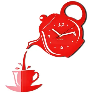 FLEXISTYLE Moderne Wanduhr für die Küche Tasse Und Kanne Rot, 45 cm x 45 cm, 3D, leise, Design, Made in EU