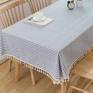 Plenmor Leinen Tischdecke Blau 140x140cm, Quadratisch Leinenoptik Tischdecke Abwaschbar Table Cloth Boho Tischdecken Gestreift für Geburtstag, Küchentisch, Outdoor