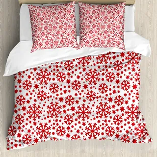 ABAKUHAUS Schneeflocke Bettbezug, Star und Punkt-Muster, Milbensicher Allergiker geeignet mit Kissenbezügen, 155 cm x 220 cm - 80 x 80 cm, rot-Weiss - Rot