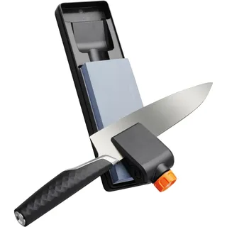 Fiskars Whetstone Premium-Messerschärfer-Set, Wetzstein mit 2 Körnungen, Schärfwinkelführung und Polierleder, Für alle Messer inkl. Titan, Korund, Schwarz, 1058937