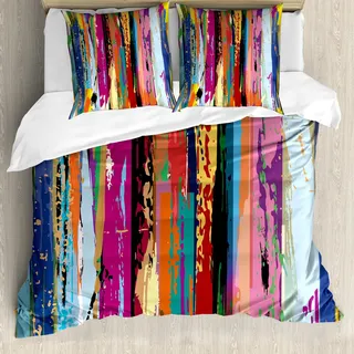 ABAKUHAUS Abstrakt Bettbezug Set, Mehrfarbiger Regenbogen Expressionismus Kunstwerk Senkrechte Pinselstriche Muster, 155 x 220 cm + 80 x 80 cm, Mehrfarbig