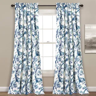 Lush Decor Dolores 2 STK. Lichtfilternde Fensterpaneele, 132 x 241 cm, Blau – Stoffvorhänge – Blumen-Vogeldruck – Grandmillennial & Französischer Landhausstil – Landhaus & maximalistische Deko