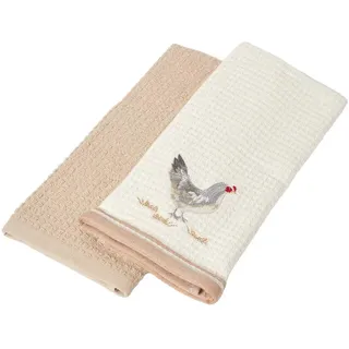 Homescapes Geschirrtücher Huhn, 2er-Set Waffelpiqué, 100% Baumwolle , Beige , Textil , Tiere , 40x60 cm , Heimtextilien, Geschirrtücher & Schürzen, Geschirrtücher