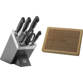 ZWILLING Vier Sterne Selbstschärfender Messerblock, 7-teilig & Schneidbrett aus massiven Bambusholz mit Saftrille, beidseitig nutzbar, groß, 42 x 31 cm