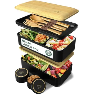 Umami Lunchbox Erwachsene Alles-in-Einem, Brotdose mit Fächern und 4 Bestecke für Männer/Frauen, 2 Soßentöpfe, Auslaufsicher Bento Box, Spülmaschine, Mikrowelle Brotbox