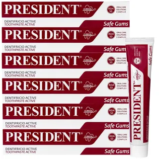 President Set mit 6 aktiven Zähnen mit Zahnfleischaktivität. Für gereiztes, entzündetes und Parodontitis. Sanitäre adstringierende Wirkung. RDA 50. 6 x 75 ml