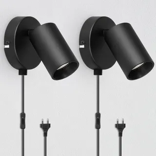 TaFiCo 2 Stücke Wandleuchte mit Stecker und Schalter - GU10 Wandlampe mit Stecker Innen Schwarz Led Wandstrahler Vintage Wandspot Drehbare 350°für Wohnzimmer Schlafzimmer Büro Ohne Glühbirne
