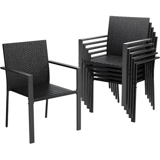 Gartenstühle Stapelbar 6er Set, Polyrattan Stapelstuhl Garten mit Armlehnen, Stabiler Stahlrahmen, Wetterfest Rattansessel - Rattan Balkonstühle für Balkon, Terrasse, Schwarz - Schwarz