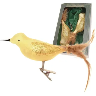 Weihnachtsbaumklammer KREBS GLAS LAUSCHA "Amsel, Eislack, unversilbert", gold, B:6cm H:6cm T:17cm, Glas, Weihnachtsbaumschmuck, Weihnachtsbaumklammer, Weihnachtsbaumklammern Glas, mundgeblasen, handgefertigt, Glasvogel