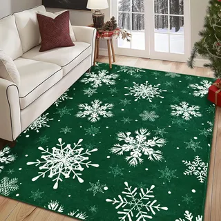 Alishomtll Weihnachten Teppich Läufer 90x150cm, Schneeflocke Weihnachtsteppich, rutschfest Waschbar Weicher Küchenteppich, Kurzflor Teppich für Haustiere, Weihnachten Deko für Küche Wohnzimmer, Grün