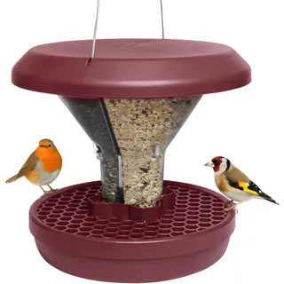 SWISSINNO Vogelfutterhaus zum Aufhängen – Davos SMART BIRDS - Vogelfutterspender mit Auffangschale - Futterstation für Vögel - Futtersilo Rattensicher - Vogelhaus für Garten & Balkon - Burgund
