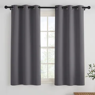 PONY DANCE Verdunklungsvorhänge Kurz H120 x B90 cm Gardinen Wohnzimmer | 2er Set, Grau, Thermovorhang Hitzeschutz, Blickdicht, Scheibengardinen mit Ösen, für Kleine Fenster, Blackout Curtains