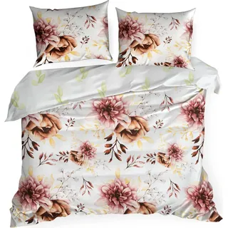 Eurofirany Bettgarnitur weiß 220x200 Blumen beidseitig + 2 x Kissenbezug 70x80 - Weiß, Rot