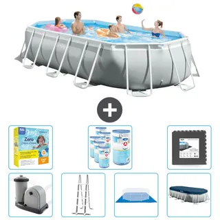 Intex Oval Prism Frame Swimmingpool – 503 x 274 x 122 cm – Grau – inklusive Pumpe – Leiter – Bodenplane – Abdeckung Wartungspaket - Filter - Bodenfliesen