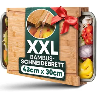 Loco Bird Schneidebrett mit Auffangschalen aus Bambus - 43x30x7cm - cutting board mit 2 Schalen aus Edelstahl - ideales Küchenhelfer Gadget Set für die Küche - Küchenbrett groß aus Holz