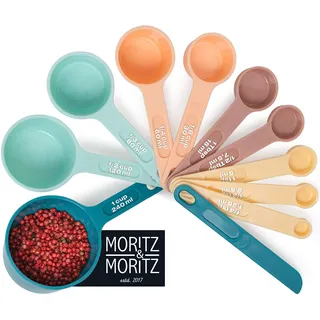 Moritz & Moritz 11-TLG. Messlöffel Set 1/4 TSP bis 1 Cup - stapelbar - Messbecher Measuring Cups und Measuring Spoons 1,25-240ml inkl. Streichlineal - Zum Kochen & Backen mit Kindern (Bunt)