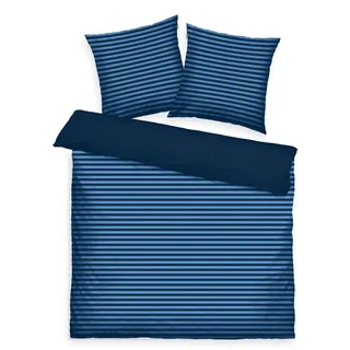 TOM TAILOR Renforcé-Bettwäsche, 2*80x80 cm + 200x220 cm, 100% Baumwolle/ Renforcé, mit Wendemotiv und farbigem Markenreißverschluss, MEDIUM STRIPES Blau (Dark Navy & Cool Blue)