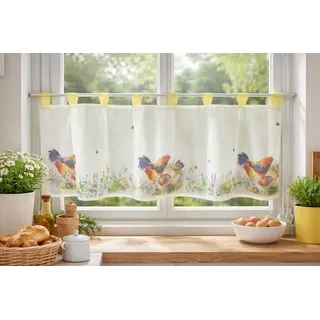 KAMACA Bistrogardine Bauernhof – 45 x 120 cm Scheibengardine aus Voile & Organza – Motiv Hahn, Henne & Küken – Transparente Küchengardine mit Schlaufen – Landhaus-Dekoration