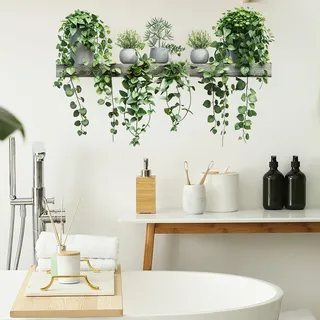 COVPAW Wandtattoo Pflanzen Tropische Blätter Wandaufkleber Baum Vogel Hängende Pflanzen Grün Wandsticker Kinderzimmer Wohnzimmer Schlafzimmer Flur Wanddeko (Topfpflanzen)