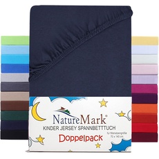NatureMark 2er Set Kinder Spannbettlaken Jersey, Spannbetttuch 100% Baumwolle, für Babybett und Kinderbett | 70x140 cm - Navy blau