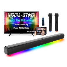Vocal-Star Karaoke Maschine, Soundbar, 250w, 2 kabellose UHF Mikrofone, Wandhalterung, 9 RGBW Lichteffekte, Fernbedienung, HDMI ARC, BT, AUX, Optisch
