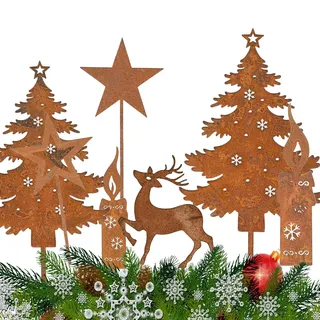 Zidoley Gartenstecker Weihnachten Hirsch Deko - Outdoor Weihnachtsdeko Garten, Rost Weihnachtsbaum Kerzen Rentiere Gartenstecker, Elch und Tanne Roststecker Weihnachtsdeko für Draußen Gartendeko (7)