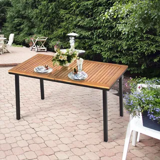 COSTWAY Gartentisch Esstisch mit Schirmloch, Terrassentisch Akazienholz, Holztisch Rechteckig Metallrahmen für 6-8 Personen 140x75x76cm