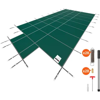 SucceBuy Pool-Sicherheitsabdeckung, passend für rechteckige Einbaupools mit den Maßen 4,8 x 9,7 m, solide Netzabdeckung mit 1,2 x 3 m Mittelstufe und Abflusslöchern für Sicherheit im Winter, grün - Grün