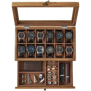 SONGMICS Uhrenbox mit 12 Fächern, Uhrenkasten aus Massivholz, mit Glasdeckel, Uhrenkissen, Schmuckaufbewahrung, Geschenk für Ihre Liebsten, walnussfarben JOW012K01