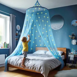 Blaues Betthimmel mit vorgeklebten leuchtenden Sternen - Prinzessinen Moskitonetz für Mädchen Zimmerdekoration Blau - Himmelbett Vorhänge für Kinder und Baby Bett