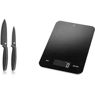 WMF Digitale Küchenwaage 23 x 15 x 2 cm, Backwaage, schwarz & Touch Messerset 2-teilig, Küchenmesser mit Schutzhülle, Spezialklingenstahl antihaftbeschichtet, scharf, Kochmesser, Gemüsemesser, schwarz