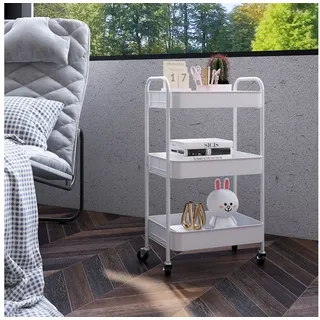 Homcom Rollwagen mit 3 Etagen, Küchenwagen, Aufbewahrungswagen, Beistellwagen für Küche, Wohnzimmer, Stahl, Weiß