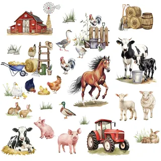 FUFUQUARE Wandtattoo Bauernhof Tiere Wandaufkleber Kuh Pferde Schwein Entlein Schaf Traktor Wandsticker Wanddeko für Küche Wohnzimmer Esszimmer
