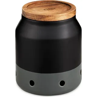 Schwarze Zwiebel- und Knoblauchschale aus Keramik mit Holzdeckel