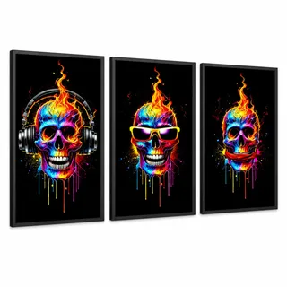 3-teiliges Poster-Set DIN A2 | Totenköpfe inspiriert von den 3 Affen (Nichts sehen, nichts hören, nichts sagen) | Bunte Flammen, Neonfarben | Wanddeko für Wohnzimmer, Büro & Gaming-Room | Ohne Rahmen