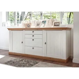 Landhaus Sideboard 210cm pinie weiß / wotan eiche Kommode Wohnzimmer - Weiß, Braun